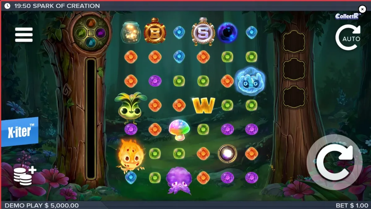Cenário mágico e vibrante do slot Spark of Creation com criaturas elementais